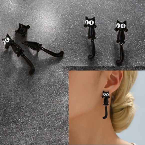 ART DECO hanging cat earrings post swinging tails resin Mid-century modern fave! - Picture 2 of 3